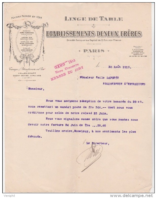 FACTURE SOCIETE DENEUX FRERES -LINGE DE TABLE -PARIS - 1913 - Andere & Zonder Classificatie