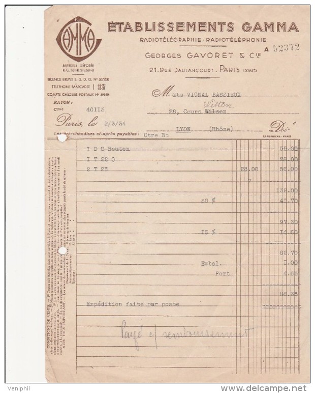 FACTURE ETABLISSEMENT GAMMA -   RADIOTELEGRAPHIE- RADIOTELEPHONIE - PARIS -   1934 - Otros & Sin Clasificación