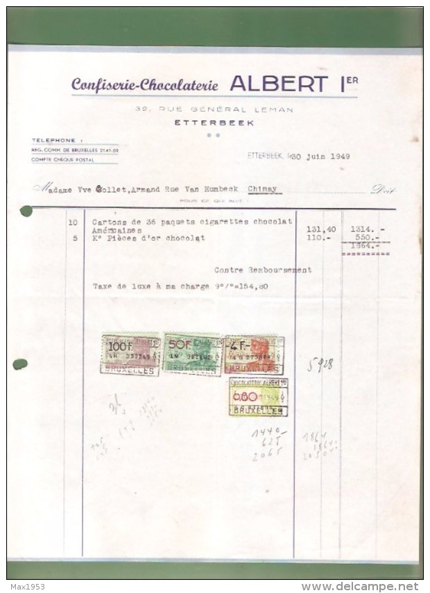 Facture - Confiserie-Chocolaterie  ALBERT 1er - Etterbeek- 1949 - Alimentare