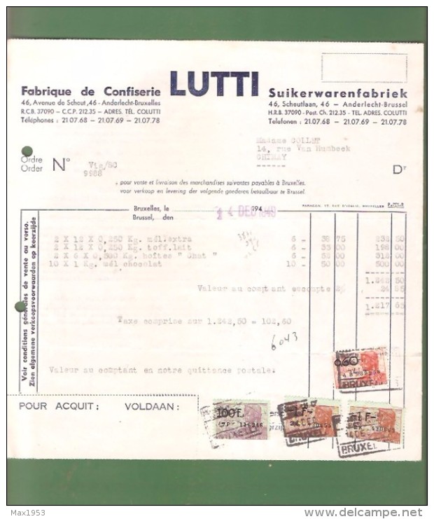 Facture - Fabrique De Confiserie LUTTI - Anderlecht- 1949 - Alimentaire