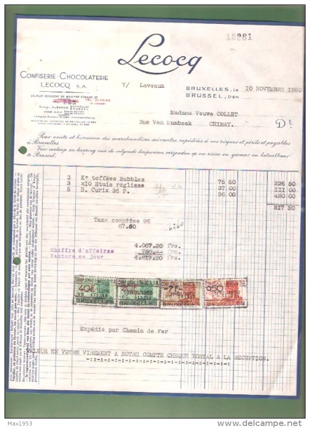 Facture - Confiserie - Chocolaterie LECOCQ S.A. - Bruxelles- 1950 - Alimentare