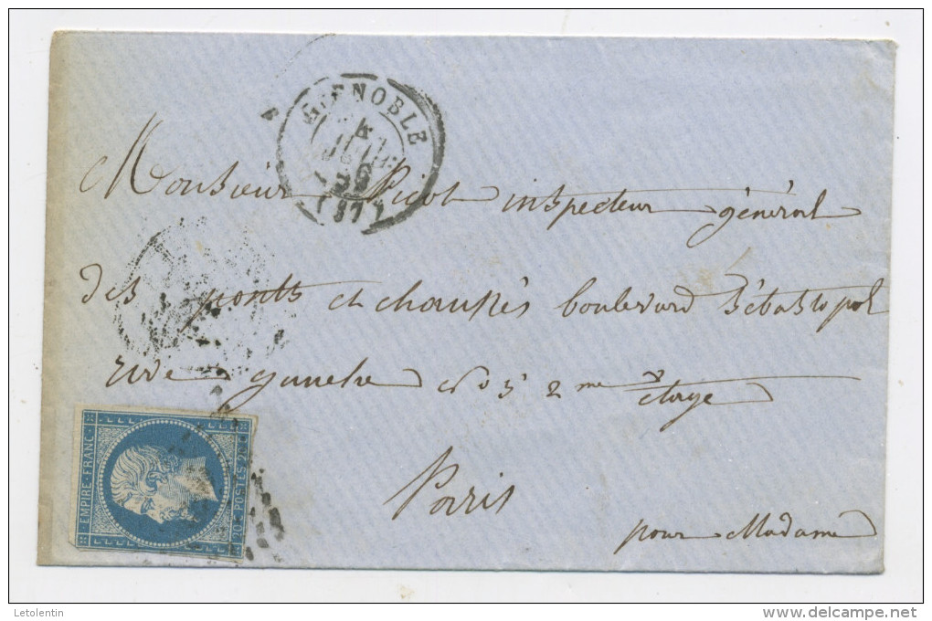 FRANCE -  TYPE NAPOLEON III (I) 20 Cts - N° Yvert 14A  OBLITÉRÉ SUR LETTRE DU ?/7/59 CàD DE CONVOYEUR "LYON À PARIS" - 1853-1860 Napoléon III
