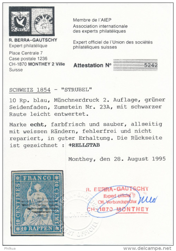 23A 10 Rappen Strubel Blau, Münchnerdruck 2. Auflage, Weissrandig Mit ATTEST: Berra-Gautschy - Gebraucht