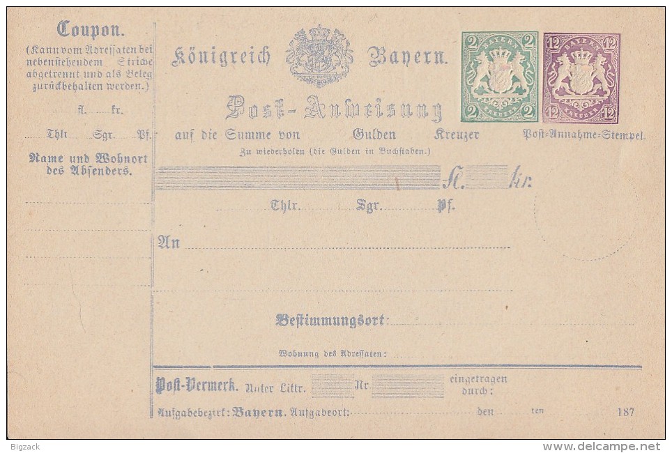 Bayern Ganzsache Postanweisung Minr.A10 Postfrisch - Sonstige & Ohne Zuordnung