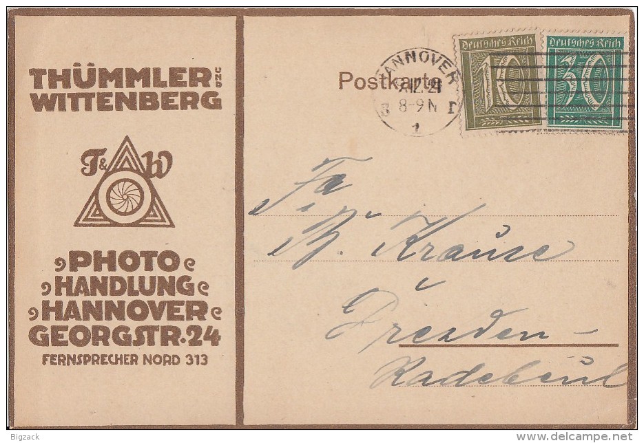 DR Werbekarte Thümmler & Wittenberg Photohandlung Hannover Mif Minr.159,162  9.12.21 - Cartas & Documentos