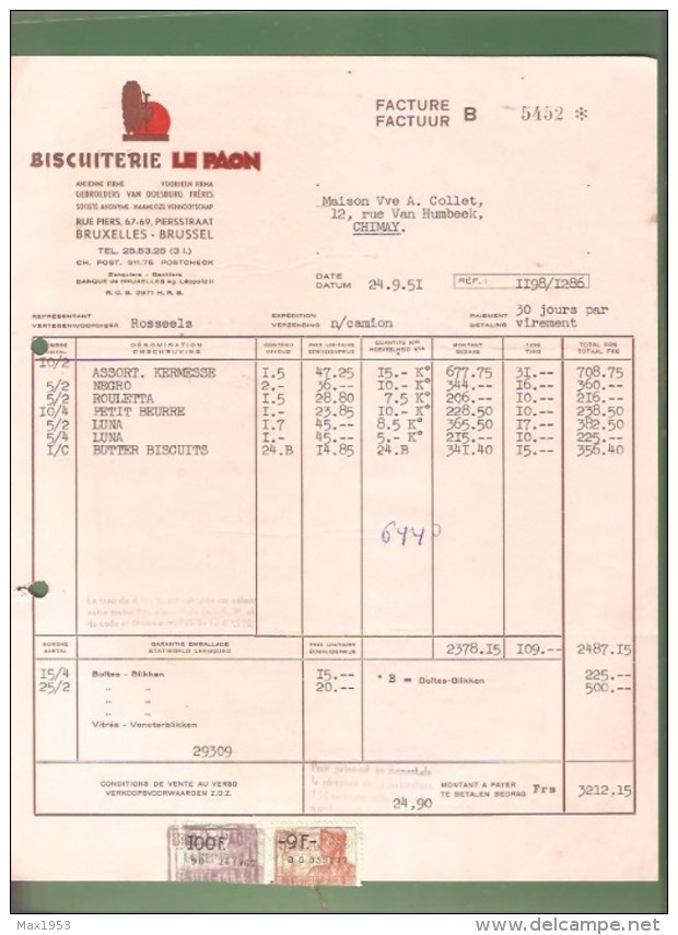 Facture - BISCUITERIE LE PAON - Bruxelles - 1951 - Levensmiddelen