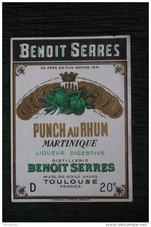 ETIQUETTE " PUNCH AU RUHM ",Distillerie Benoit SERRES, TOULOUSE. - Rhum