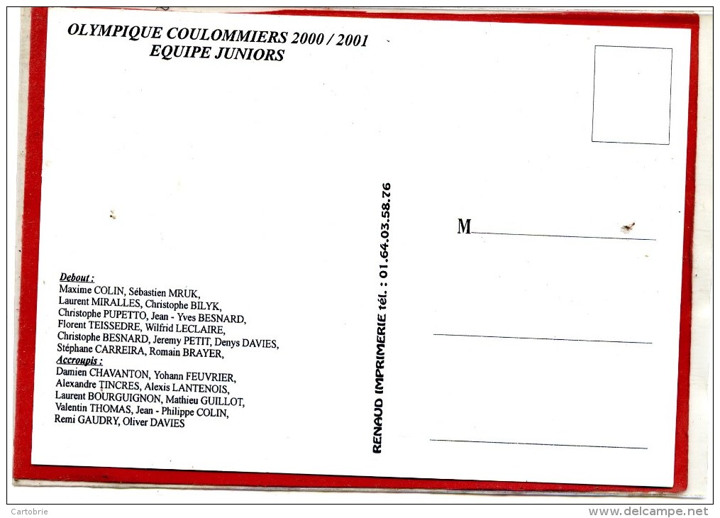 RUGBY, Olympique COULOMMIERS Équipe Juniors Saison 2000-2001 Avec Noms Des Joueurs - Rugby