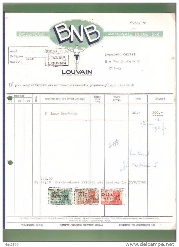 Facture - BNB Biscuiterie Nationale Belge - Louvain - 1950 - Alimentaire