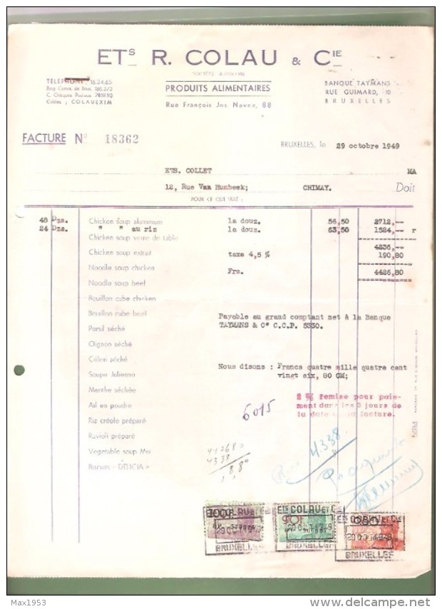 Facture - Ets R. COLAU & Cie Produits Alimentaires - Bruxelles -1949 - - Food