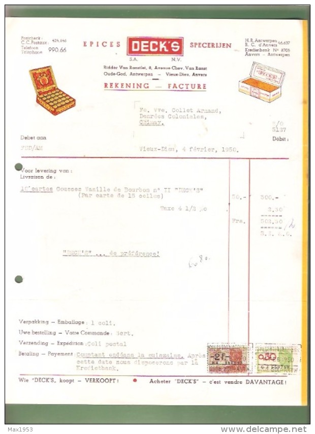 Facture - EPICES DECK´S Specerijen- Anvers -1950 - - Alimentaire