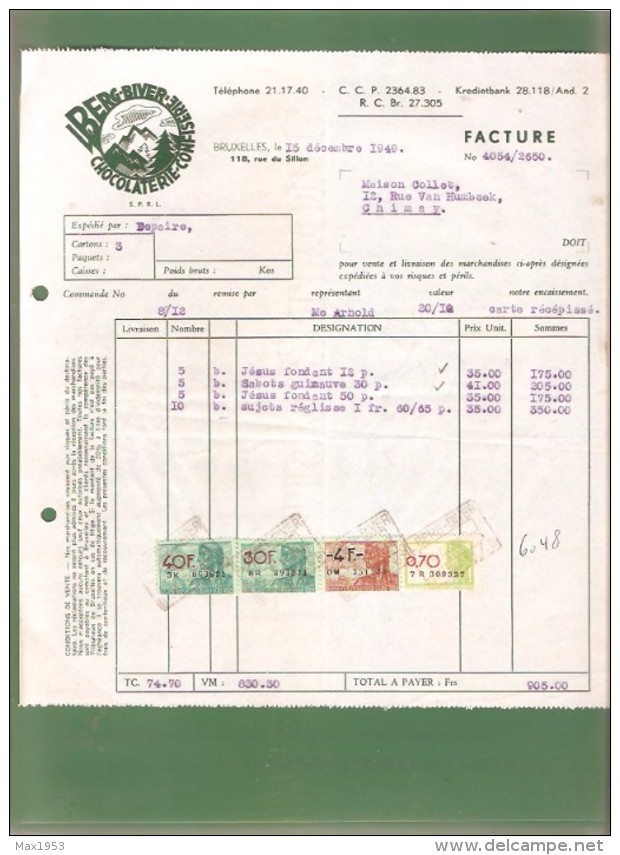 Facture - L BERG-BIVER Chocolaterie-Confiserie - Bruxelles - 1949 - Alimentare