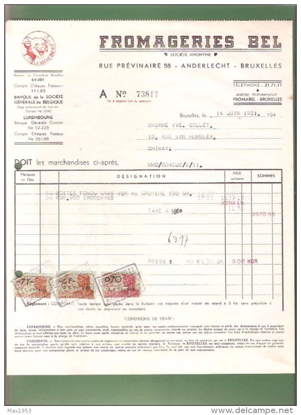 Facture - FROMAGERIES BEL - Bruxelles - 1951 - Lebensmittel