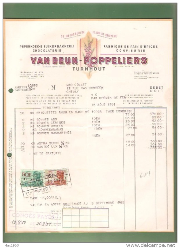 Facture - Fabrique De Pains D'épices Confiserie VAN DEUN-POPPELIERS - Turnhout - 1951 - Alimentare