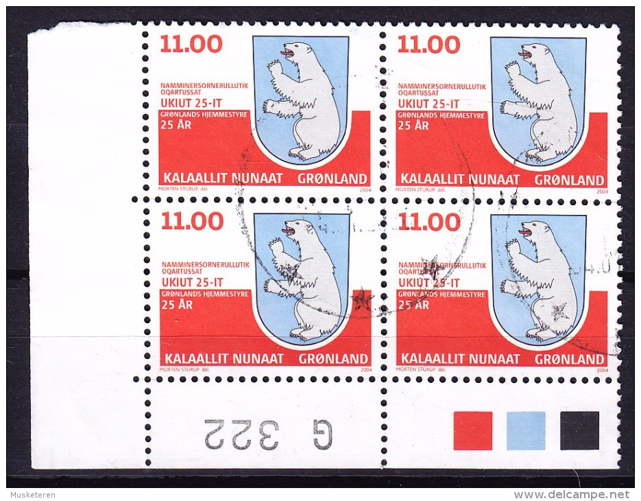 Greenland 2004 Mi. 412      11.00 Kr Autonomie Wappen Polar Bear  4-Block M. Rand Marginal No. "G 322" Cancelled !! - Blocks & Sheetlets