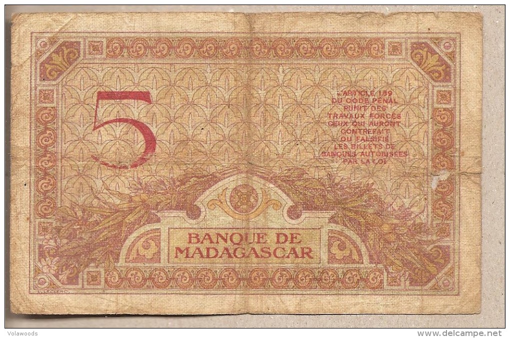 Madagascar - Banconota Circolata Da 5 Franchi - 1937 - Madagascar