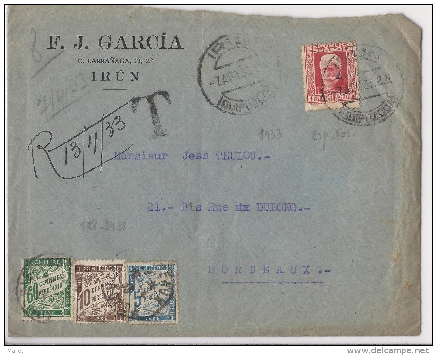 Lettre De Irun Pour Bordeaux (1933) - Taxée à 75 Cts - 1859-1959 Lettres & Documents