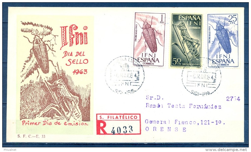 IFNI , ED. 200 / 202 , SOBRE DE PRIMER DIA , DIA DEL SELLO 1963 , CIRCULADO A ORENSE , LLEGADA - Ifni