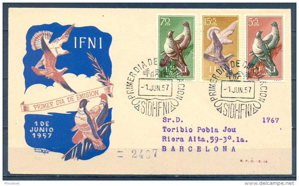IFNI , ED. 135 / 137 , SOBRE DE PRIMER DIA , PRO INFANCIA 1957 , CIRCULADO A BARCELONA , LLEGADA - Ifni