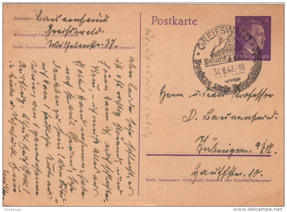 DR 6 Pf. Ganzsache-postkarte Mi. P 299-II GREIFWALD 31.8.1942 - Sonstige & Ohne Zuordnung