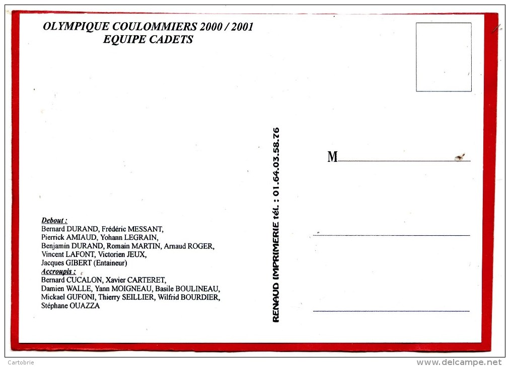 RUGBY, Olympique COULOMMIERS Équipe Cadets Saison 2000-2001 Avec Noms Des Joueurs - Rugby