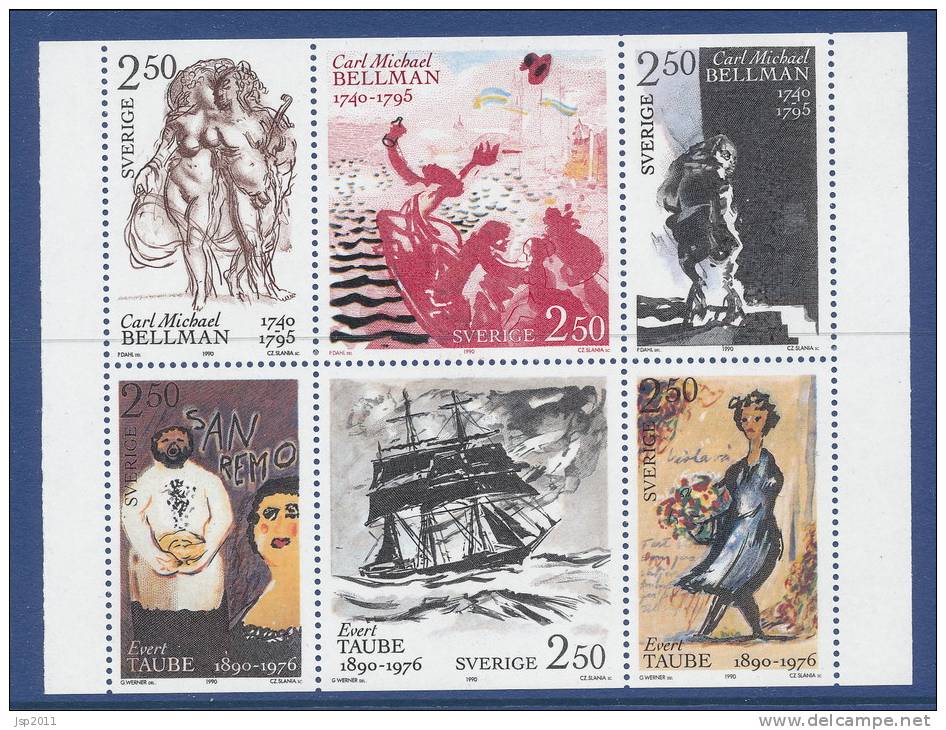 Sweden 1990 Facit # 1640-1645, Carl MIchael Bellman & Evert Taube. Se-tenant Pane From Booklet H408, MNH (**) - Nuevos