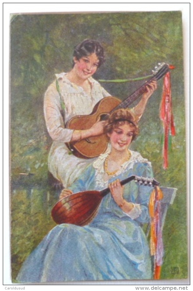 Cpa LITHO ILLUSTRATEUR Borrmeister Duo Femme Femmes Souriante Jouant Guitare Et Mandoline - Borrmeister, R.