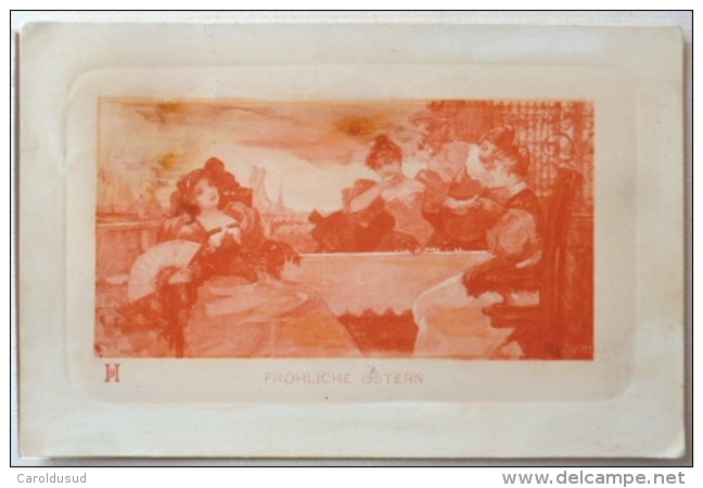 Cpa LITHO Precurseur Bord Relief  ILLUSTRATEUR Signe H.D. D.H Ostern Femme A Table Eventail 1900  Autriche Cattaro - Borrmeister, R.