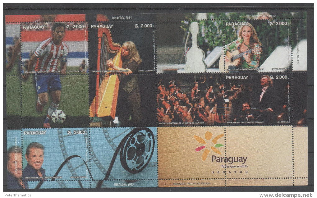 PARAGUAY, 2015, MNH, TOURIST AMBASSADORS OF PARAGUAY, FOTBALL, MUSIC, ROQUE SANTA CRUZ, GUITARS, CINEMA, SHEETLET - Autres & Non Classés