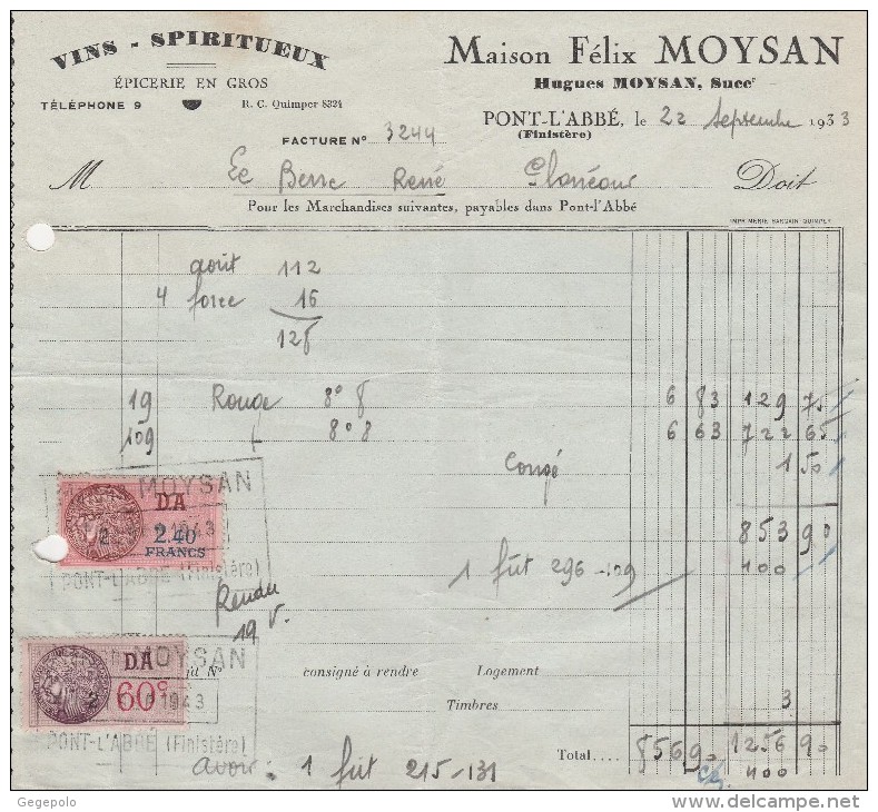 PONT - L'ABBE  ( Finistère )  - Vins Spiritueux - Maison Félix MOYSAN  ( 19,3 Cm X 17,6 Cm ) - 1900 – 1949