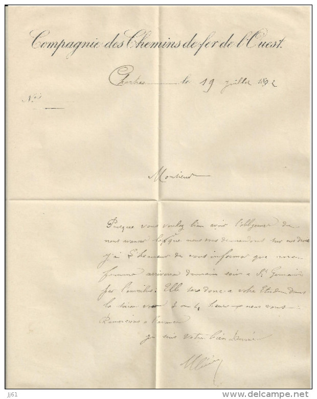 CHARTRES LETTRE ET ENVELOPPE DE LA COMPAGNIE DES CHEMINS DE FER DE L OUEST ANNEE 1892 ENVOYE SAINT GERMAIN DE LA COUDRE - Autres & Non Classés