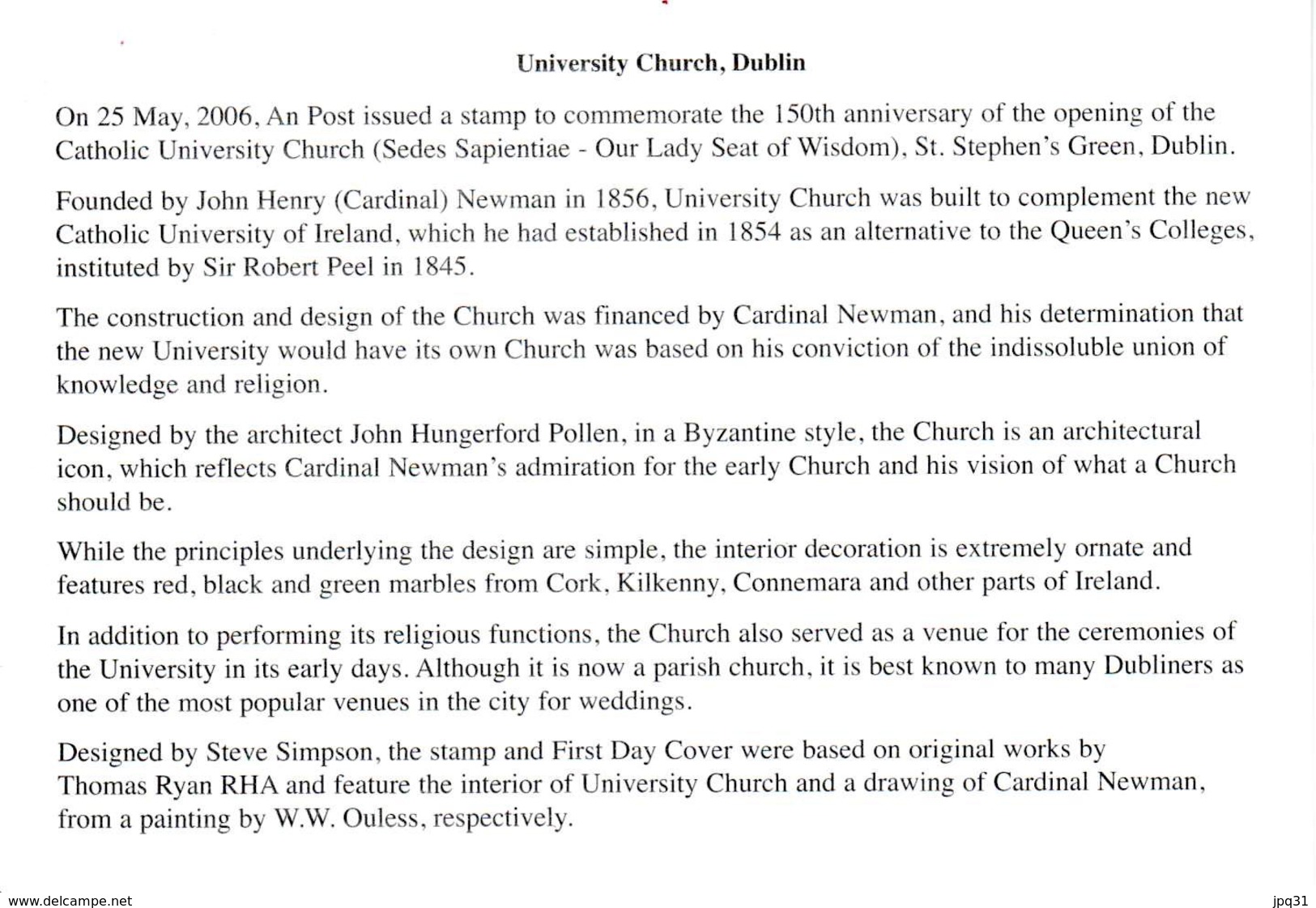 FDC Officiel Signé Catholic University Church St. Stephen´s Green Dublin - 25/05/2006 - FDC