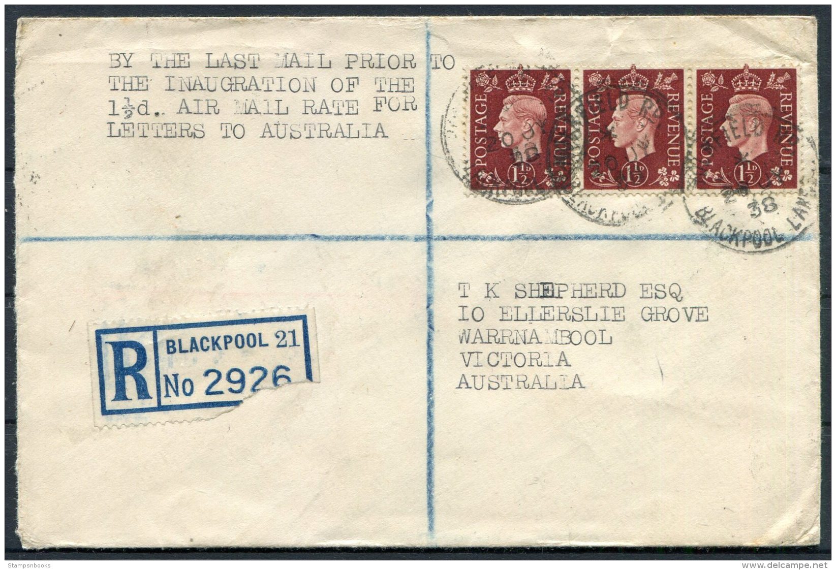 1938 GB - Australia Pair(2) Last/First 'ALL UP' Airmail Covers, Holmfield Rd Blackpool Registered Warrnambool Melbourne - Covers & Documents