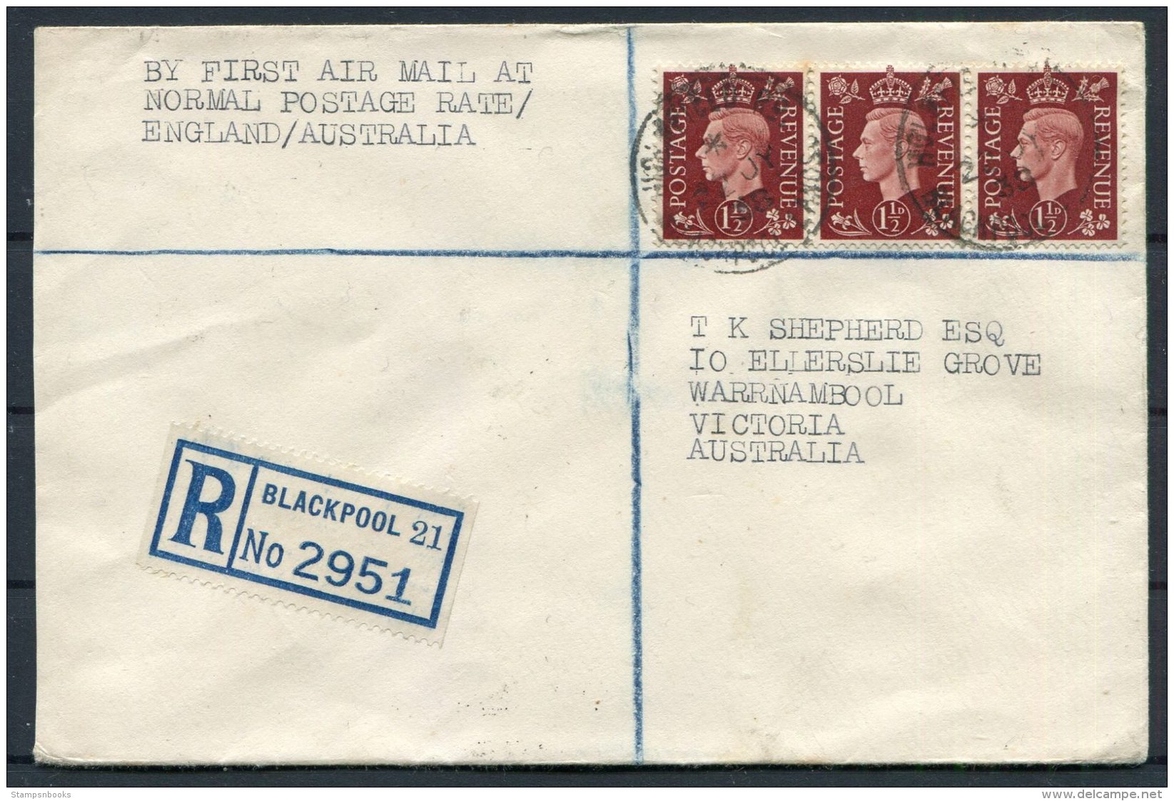 1938 GB - Australia Pair(2) Last/First 'ALL UP' Airmail Covers, Holmfield Rd Blackpool Registered Warrnambool Melbourne - Covers & Documents