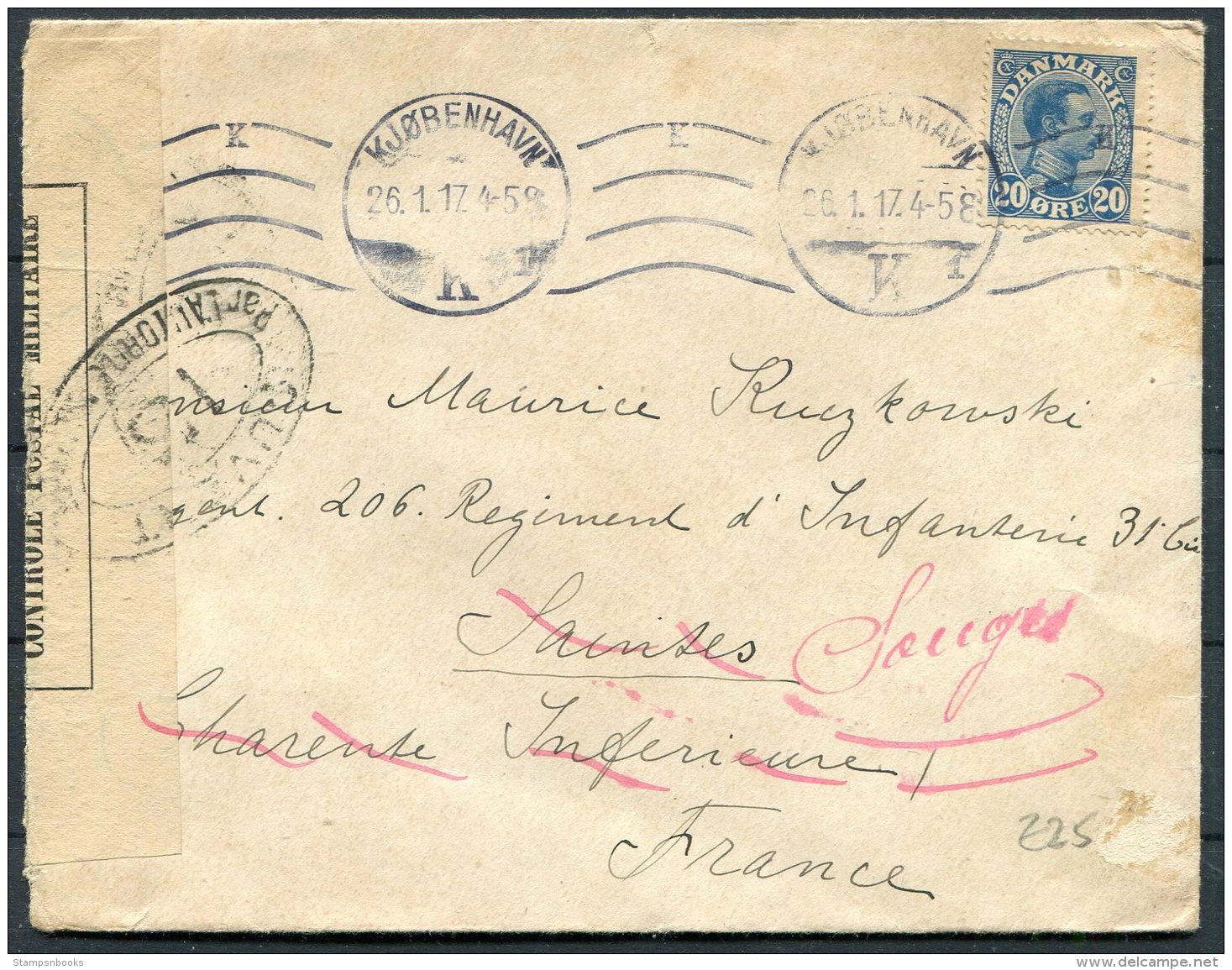 1917 Denmark Copenhagen Redirected Censor Cover - Regiment Infantry Militaire Armee France - Covers & Documents