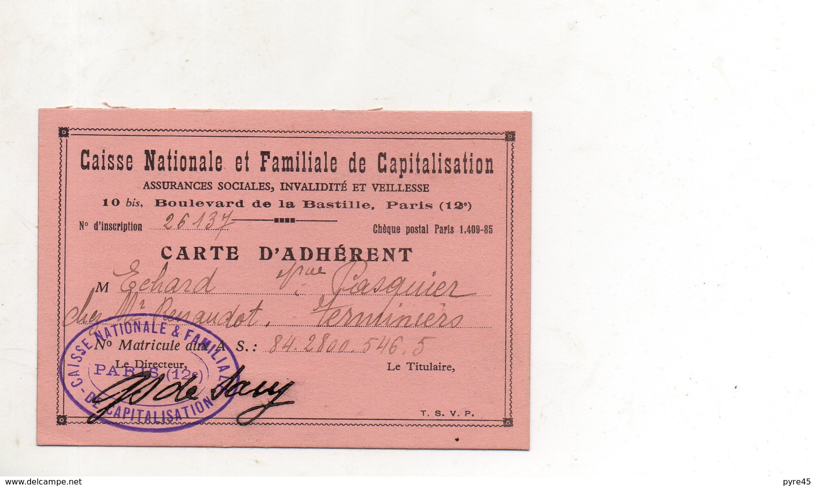 CARTE D ADHERENT CAISSE NATIONALE ET FAMILIALE DE CAPITALISATION PARIS - Unclassified