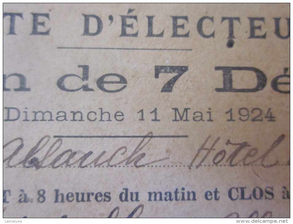 Mai 1924 Carte Electeur Election 7 Députés Lieu De Vote ALLAUCH Hotel De Ville Sidoble Albert Maçon Né 1867 La Pounche - Documents Historiques