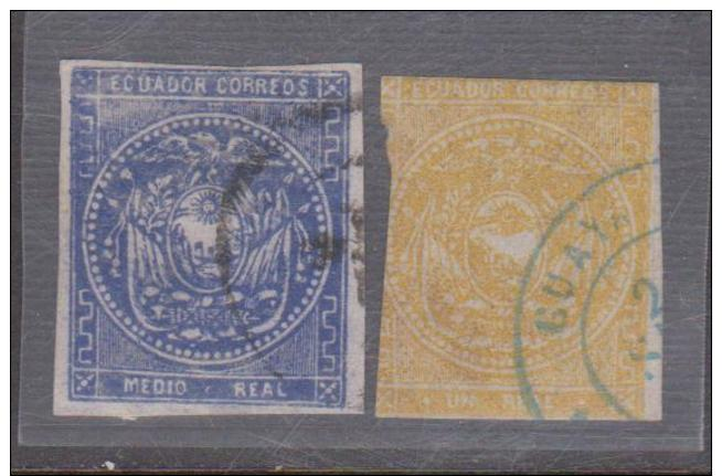 ECUADOR 1865 Half Real Blue & Yellow Real Circular Postmarks SC# 2 - 4 - Equateur