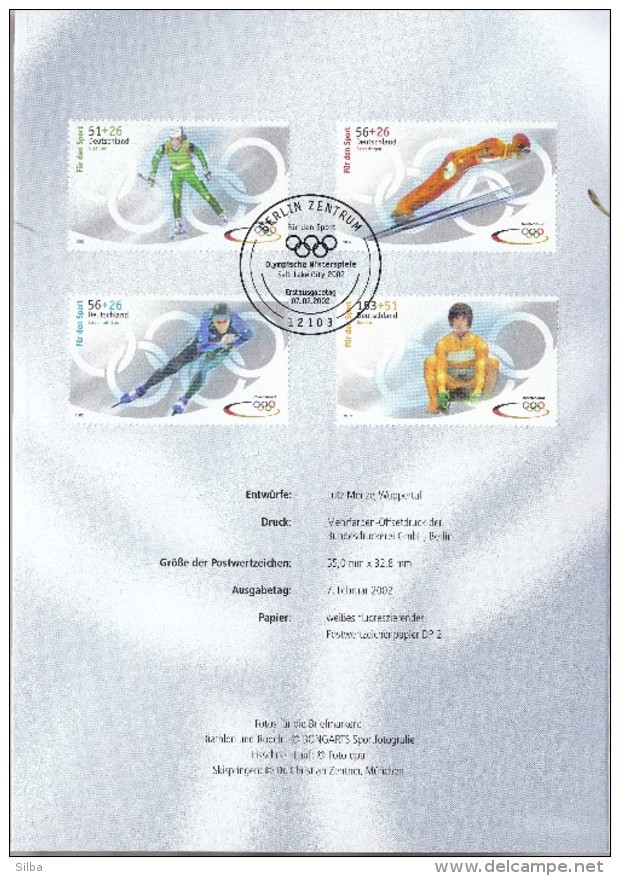 Germany Berlin 2002 / First Day Sheet / For Sport / OG Salt Lake City / Speed Skating, Ski Jumping, Luge, Biathlon - Hiver 2002: Salt Lake City
