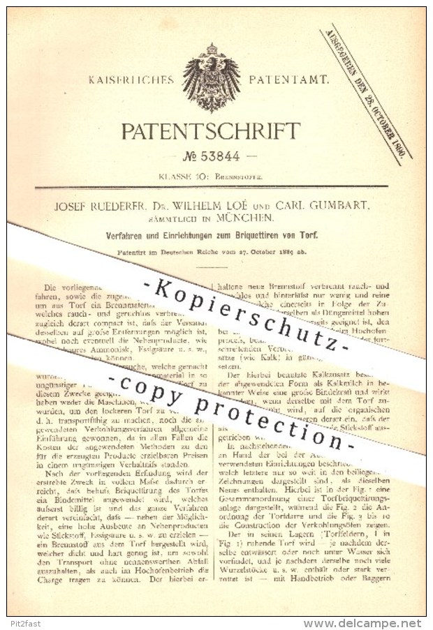 Original Patent - J. Ruederer , Dr. W. Loé , C, Gumbart / München , Brikettieren Von Torf , Brikett , Brenstoffe , Kohle - Historical Documents