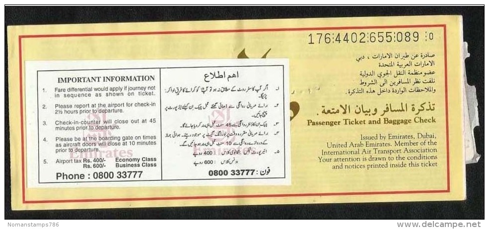 UAE Emirates  Airlines Passenger Ticket  Transport Used Ticket With Labels 5 Scan - Sonstige & Ohne Zuordnung