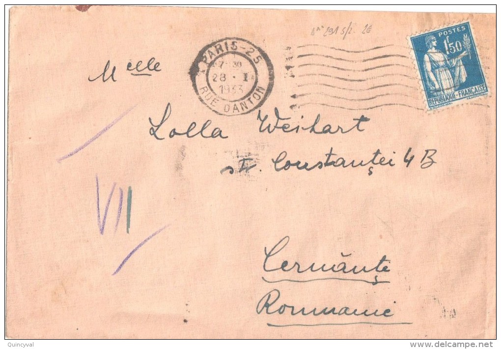 3478 PARIS 25 Lettre Destination Etranger Roumanie CERNAUTI Paix 1,50 F Bleu Ob 28 1 1933 Yv 288 - Lettres & Documents