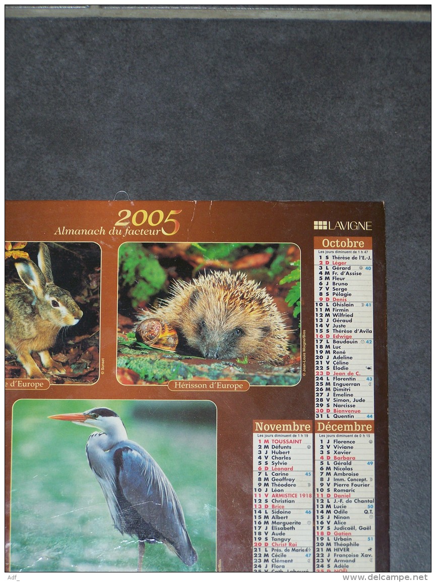 2005 CALENDRIER ( Double ) ALMANACH DU FACTEUR, LA POSTE, CANARD, HERMINE, CERF, LIEVRE, HERISSON, HERON, ARDENNES 08 - Tamaño Grande : 2001-...