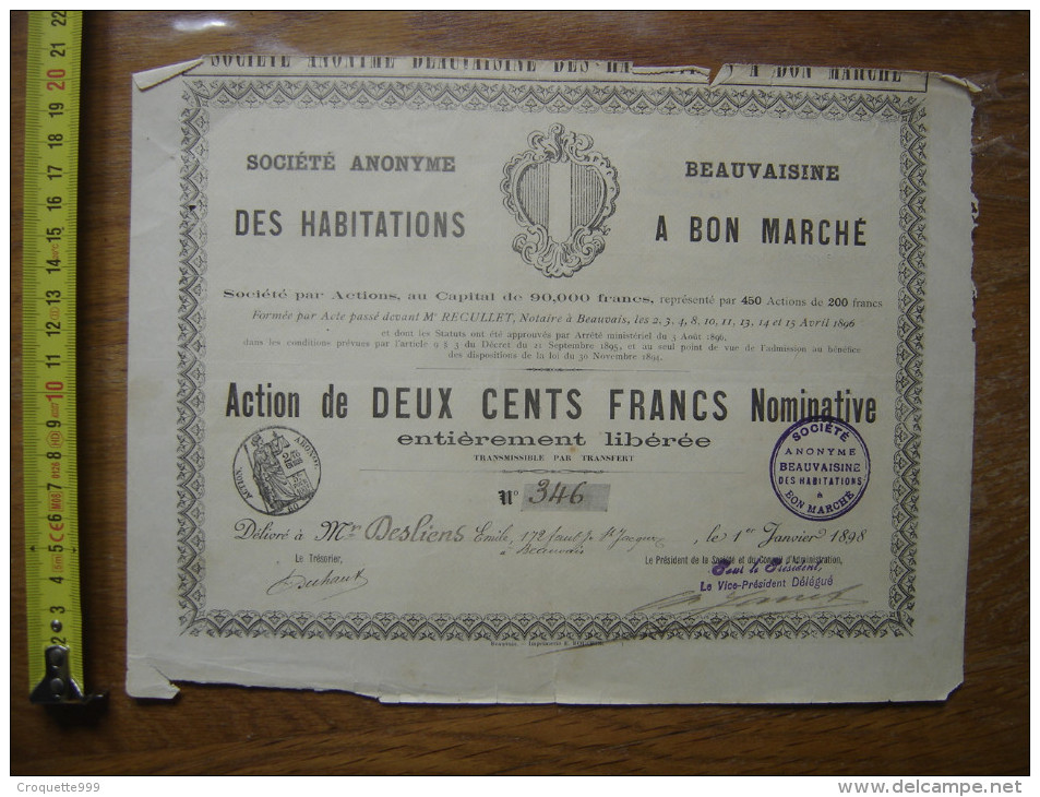 1898 Bond Action Emprunt SOCIETE BEAUVAISINE HABITATIONS BON MARCHE Me RECULLET - Autres & Non Classés