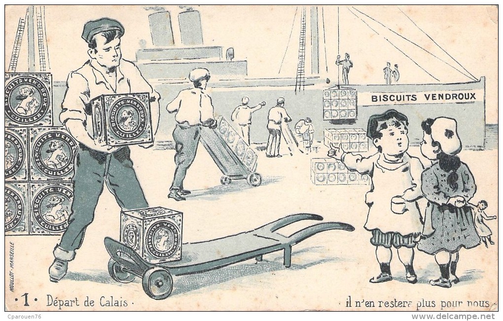 Cpa Cpa Dessinée Publicitaire Biscuits Cuiller Vandroux Départ De Calais Cabour Diable Chariot Enfants - Advertising