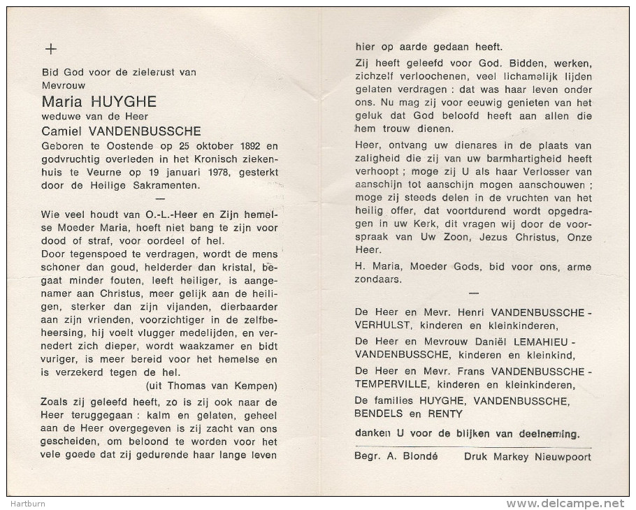 Huyghe Maria 25.10.1892 - 19.1.1978 Oostende-Ostende-Veurne. Bidprentje, Doodsprentje - Devotieprenten