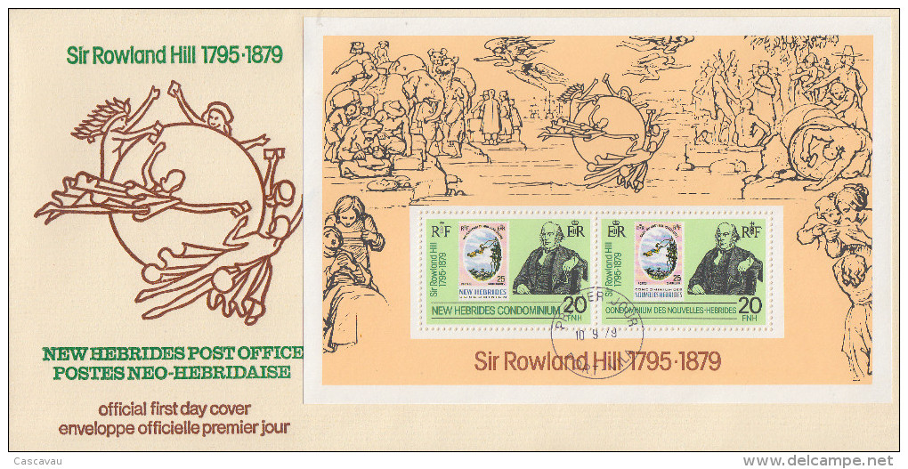 Enveloppe FDC  1er Jour   NOUVELLES  HEBRIDES  Bloc  Feuillet  Sir  Rowland  HILL   1979 - Rowland Hill