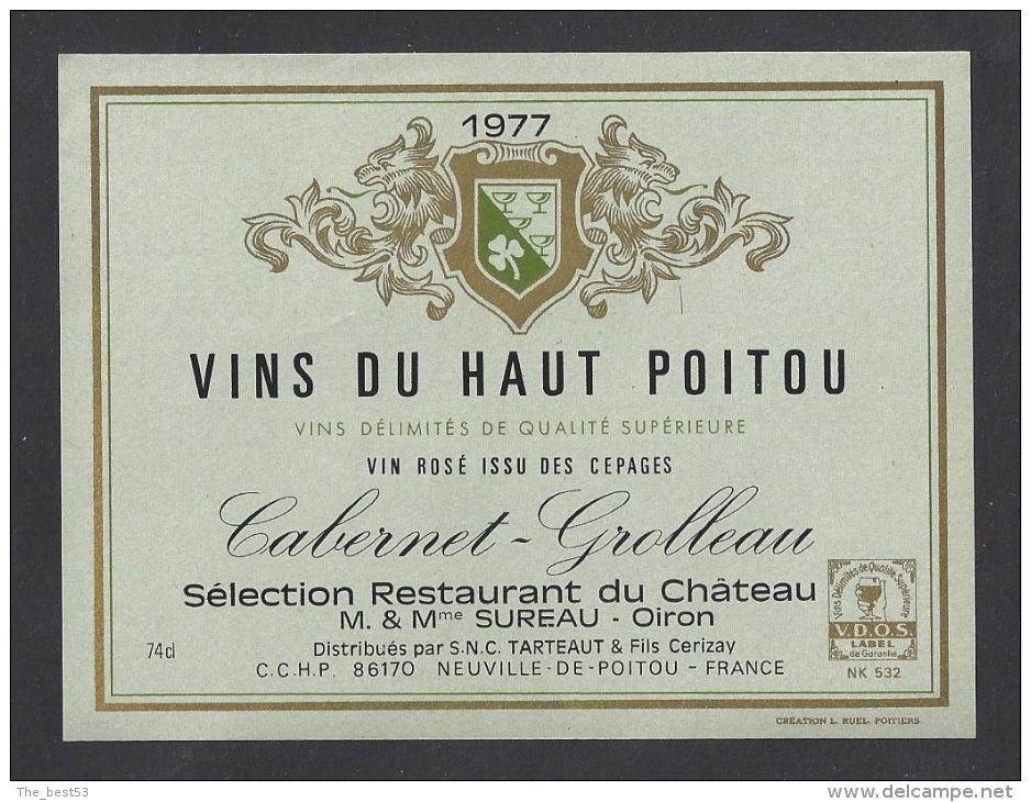 Etiquette De Vin Du Haut Poitou Caberner Grolleau 1977 - Restaurant Du Chateau Mr Et Mme Sureau à Oiron (79) - Otros & Sin Clasificación