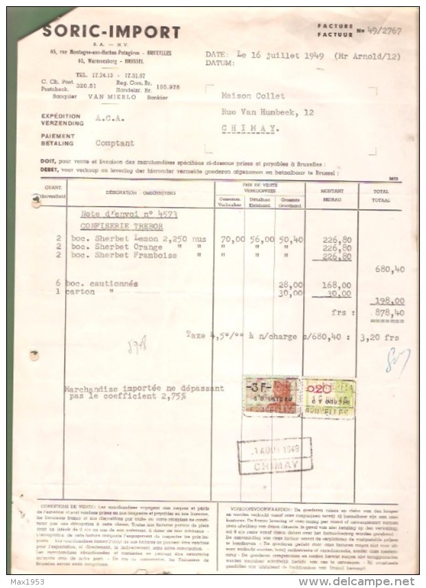 Facture - SORIC- IMPORT - Bruxelles - 1949 - Sherbet - + Lettre Sncb D'indemnisation - Food