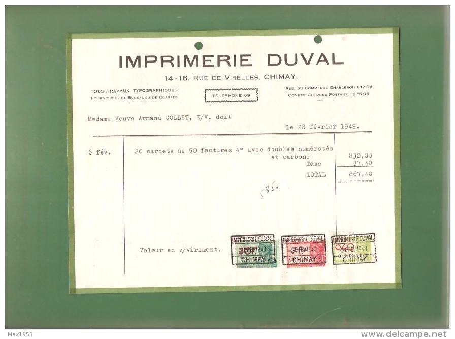 Facture - IMPRIMERIE DUVAL CHIMAY -1949- - Drukkerij & Papieren